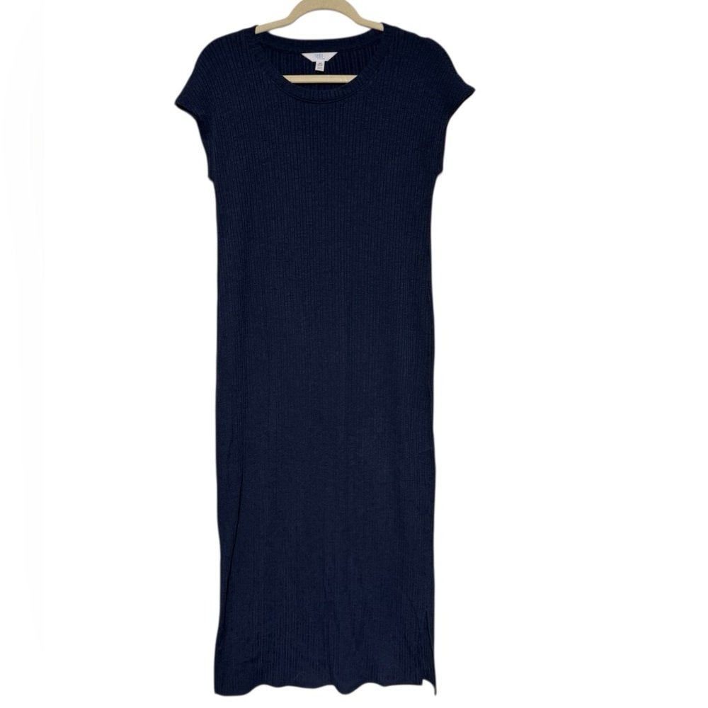 Time & Tru Navy Blue Ribbed Knit Midi Dress Soze XS Modest Stretch Comfy Basic‎